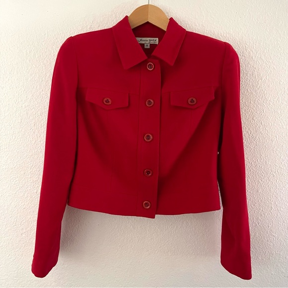 Vintage 1990s Jessica Ash Wool Gabardine Button-Front Cropped Jacket Red - Picture 13 of 16